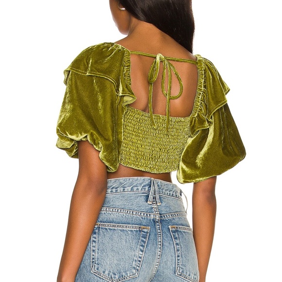 NEW $158 TULAROSA Olive Green Velvet Puff sleeve crop top Mirella Top SIZE XS - Picture 3 of 4